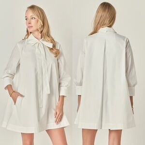 New English Factory Bow Shirt Mini Dress Puff Sleeves Neckline Self Tie
